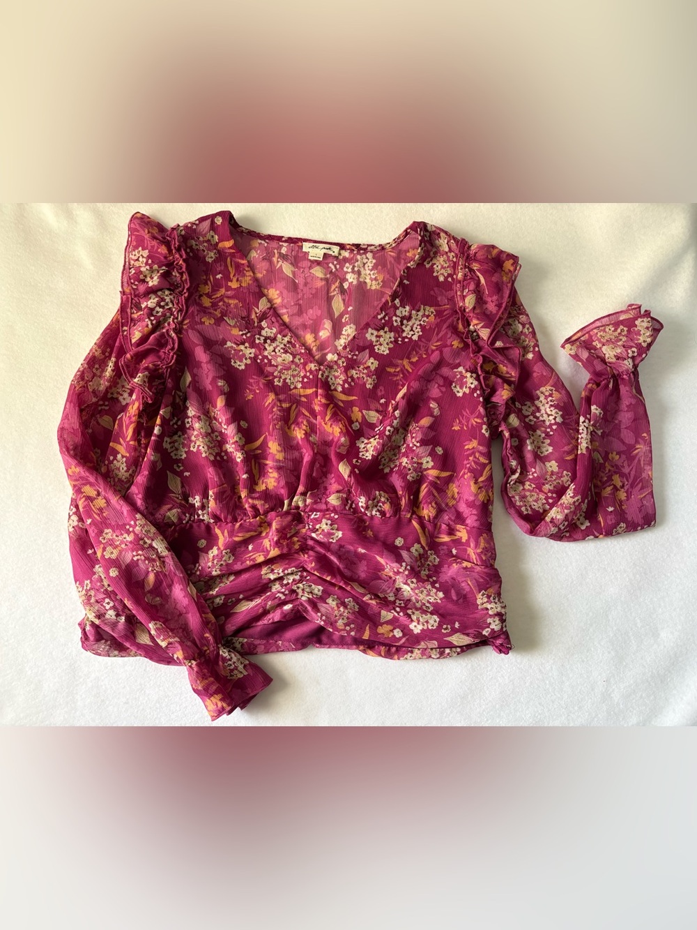 Ultra Pink Magenta Floral Ruffle Long-Sleeve Blouse Women